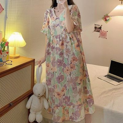 블랑드 빅사이즈 여름 레이스 브이넥 면 원피스 잠옷