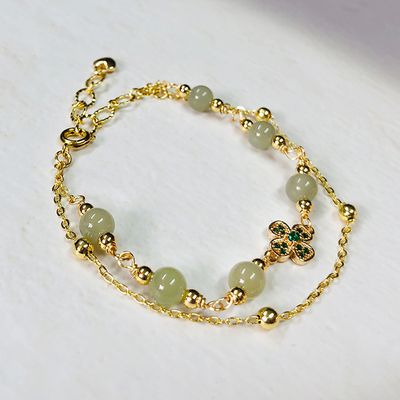 H12 천연 화전옥 네잎클로버 더블팔찌 행운팔찌