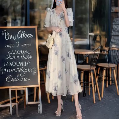 [sale] 프렌치 수묵화 원피스 브이넥 쉬폰 스커트