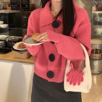 여성 빅버튼 카라핏 유니크 스타일 간절기 가디건