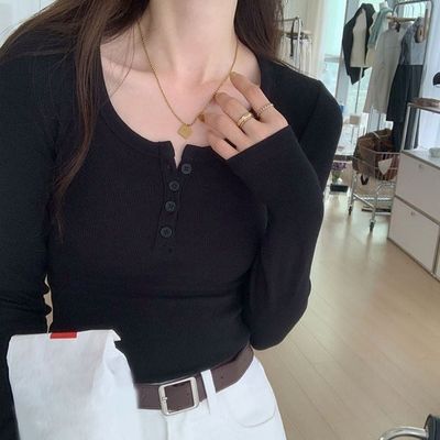 딥 3색 슬림핏 U넥 여자 버튼티 단추 긴팔티셔츠 골지(WFLQ8FD)
