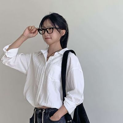 여성 밑단 스트링 세미 크롭 루즈핏 셔츠