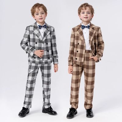 로아 깅엄체크 브레스티드 정장 턱시도 세트(자켓 셔