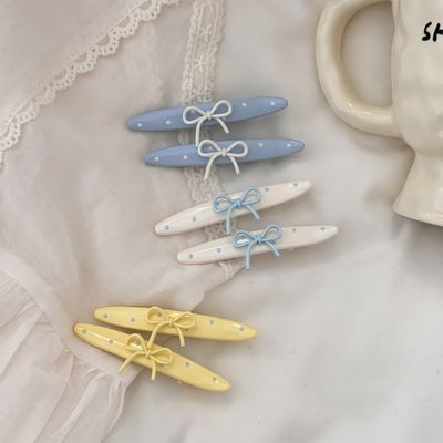 여성 크림 도트 리본 집게핀 옆머리핀 헤어핀