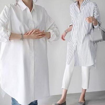 이쁘다요 셔츠 남방 스트라이프 롱 빅사이즈 블라우스 화이트 오버핏 여성 봄 가을(WFLPY61)