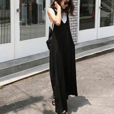 빅사이즈 U넥 블랙 오버핏 와이드 점프수트(WFA99FE)