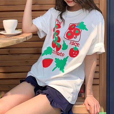 여성 방울토마토 일러스트 프린팅 반팔티