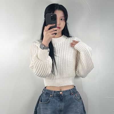 크롭 아방 여성 하찌 니트 아이보리 블랙 핑크 브라운