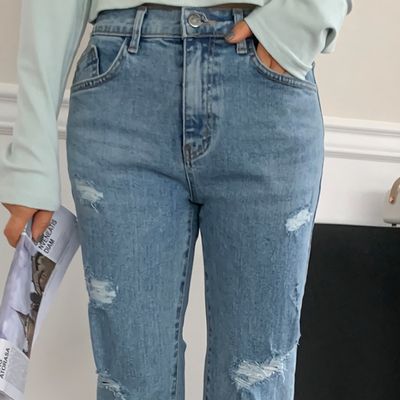 여성 봄 가을 데미지 컷팅 데님 배기 팬츠