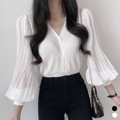 브이넥 퍼프 가디건 블라우스 여성 셔츠 하객룩