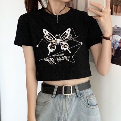 여성 데일리 넛츠업 크롭 나비 반팔 티셔츠