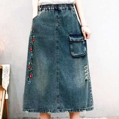 [애슬릿]여성 데님 스커트 꽃 자수 빅사이즈 롱