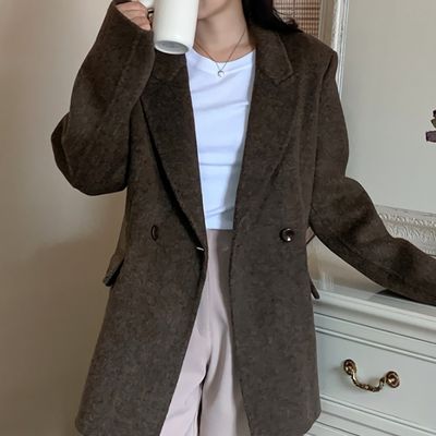 여성 오픈카라 핸드메이드 헤링본 울 자켓