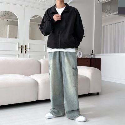 남자 머드워싱 밴딩 카고 데님 와이드 청바지