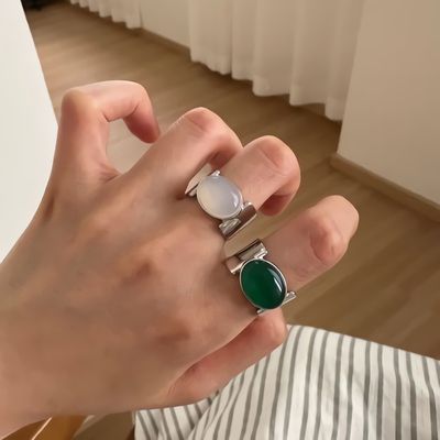 [sale] 여성 실버 925 타원 옥수 마노 오픈 링 반지