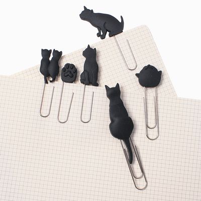 블랙캣 고양이 모양 페이퍼클립 입체 클립 북마크 6p