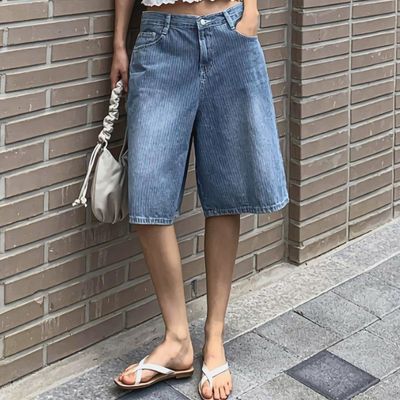 여성 스트라이프 와이드 버뮤다 데님 팬츠