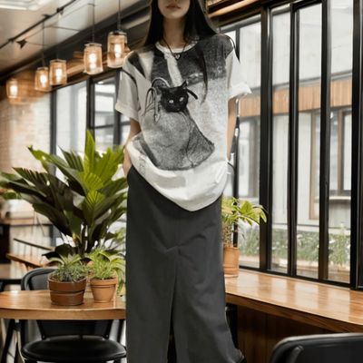 여성 고양이 캣츠 무드 프린팅 루즈핏 반팔티셔츠