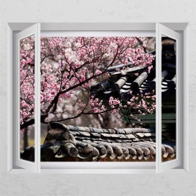 ca642-꽃나무아래기와집_창문그림액자