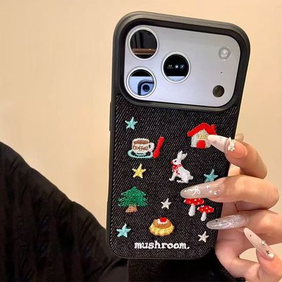 아이폰 17 16 15 14 데님 동물 캐릭터 자수 폰 케이스