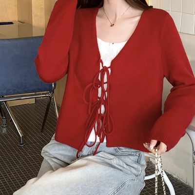 여성 봄 데일리 레드 스트링 크롭 가디건