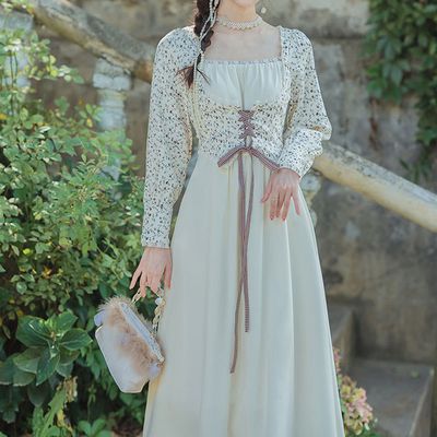 (대여) 레트로 플라워패턴 발레코어 긴팔 롱원피스
