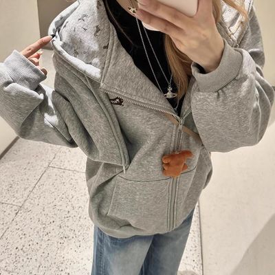 여성 강아지 자수 패턴 루즈핏 후드집업 긴팔티