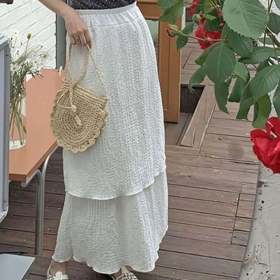 여성 엠보 프릴 레이어드 캉캉 밴딩 롱 스커트