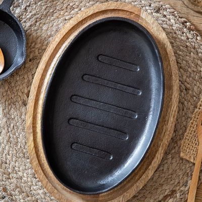 무쇠주물 타원 스테이크팬 목판 세트(WC7C4B1)