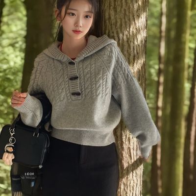 여성 후드 핏 버튼 포인 스웨터 겨울 니트