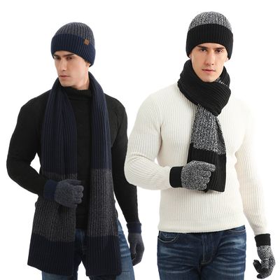 남성 니트 배색 목도리 장갑 비니세트