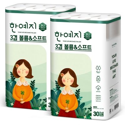 볼륨앤소프트 3겹데코 천연펄프 화장지 30롤 × 2팩