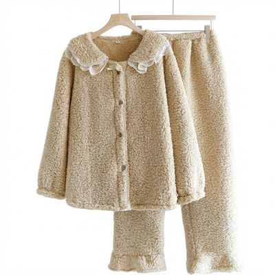 양털 뽀글리 밑단 프릴 레이스 여성 수면 잠옷 세트