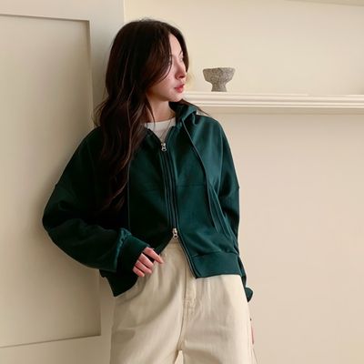 여성 이루 심플 투웨이 세미크롭 후드집업