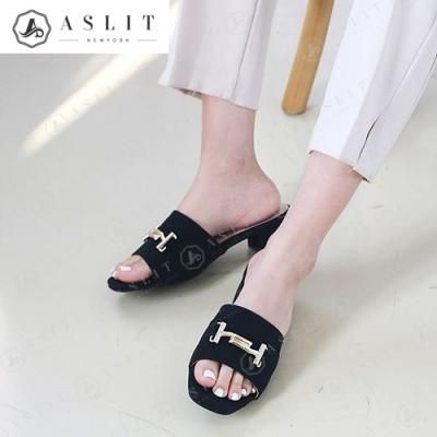 [애슬릿]빅사이즈 누박 금장 여성 뮬 힐 슬리퍼 3cm