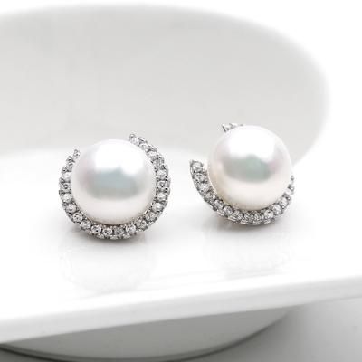 [애슬릿]큐빅 볼드 담수 진주 은침 귀걸이