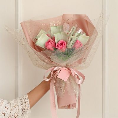 스트로베리핑크 비누장미 돈다발꽃다발