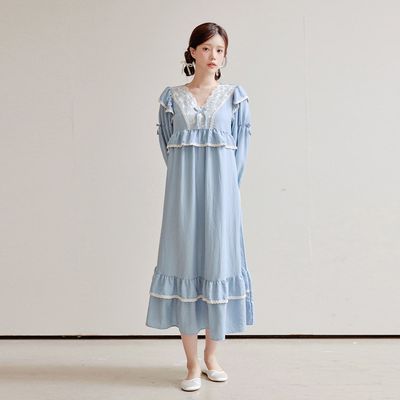 [쿠비카]프릴 레이스소매 브이넥 원피스 여성잠옷W255