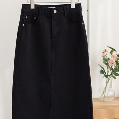 여성 블랙 백슬릿 슬림 H라인 데님 스커트