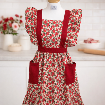 [원 아뜰리에] 빈티지 레드로즈 프릴 원피스형 앞치마