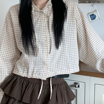 여성 루즈핏 스트링 크롭 후드 체크 셔츠