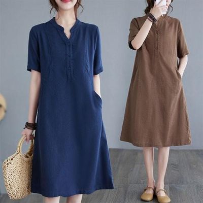V헨리넥 버튼 에이라인 면 여름 치마 면혼방 빅사이즈 루즈핏 퍼프 반팔