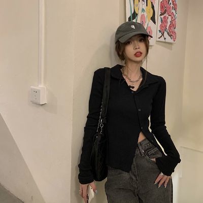 사선 카라 골지 니트 데일리 티셔츠 크롭 배꼽 긴팔