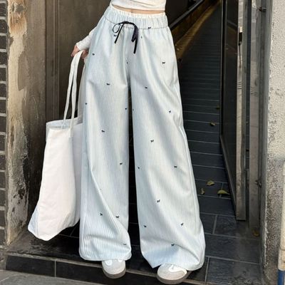 여성 하이웨스트 스트라이프 리본 밴딩 와이드 팬츠