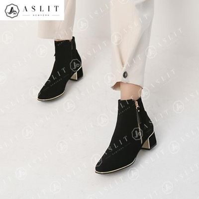 [애슬릿]메탈 라인 블랙 캐주얼 청키 힐 앵클 부츠