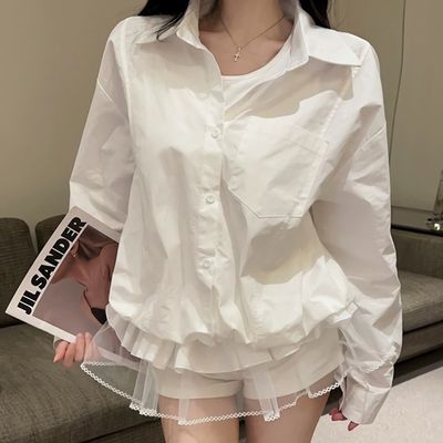 여성 봄 나시 레이어드 망사 밑단 셔츠