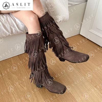 [애슬릿]스웨이드 스퀘어 토 프린지 롱 부츠