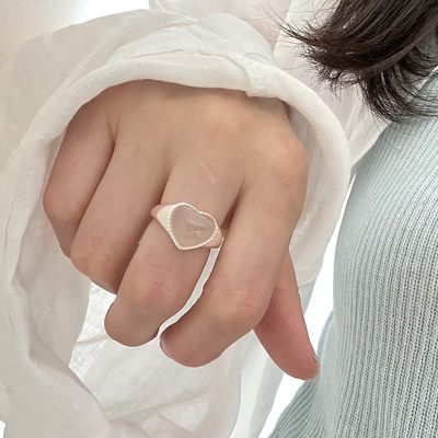 여성 실버 925 볼록 옥수 하트 오픈 링 반지