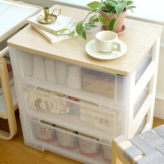 이노스 투명 우드상판 3단 플라스틱 서랍장 옷 정리함