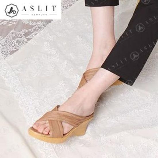 [애슬릿]여성 셔링 엑스 스트랩 웨지 힐 슬리퍼 7cm
